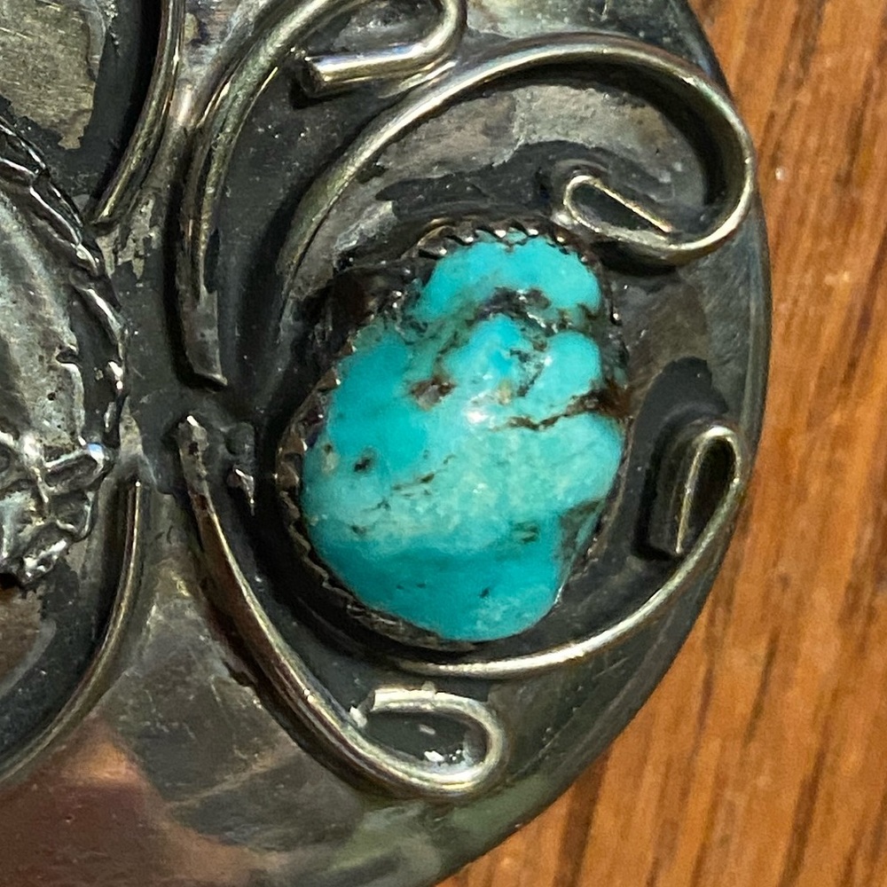 Vintage Western Turquoise Nugget Cowboy Bucking Bronco Rodeo Belt Buckle - Picture 2 of 4